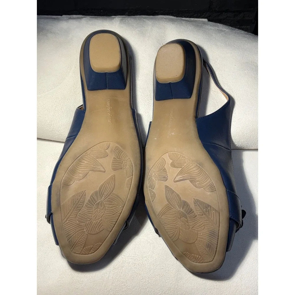 Comfortview Navy Blue Floral Peep Toe Slingback Wedge Sandals Womens 10W